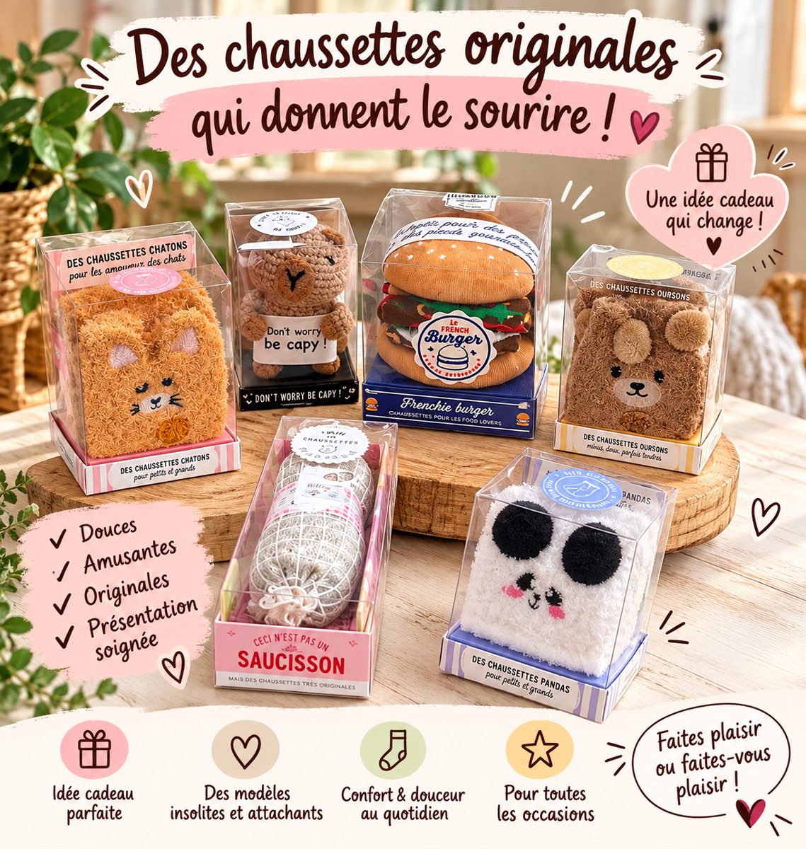 Chaussettes fantaisie en boîtes cadeaux à la librairie Au Marque Page, Les Andelys